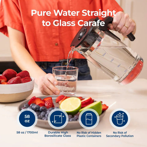 Person pouring water from borosilicate glass carafe, part of Countertop Reverse Osmosis Water Filter System With Remineralization.