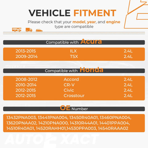 Vehicle fitment chart for Engine Timing Chain Kit With Camshaft Adjuster And VVT Gear for 2.4L Honda and Acura models.