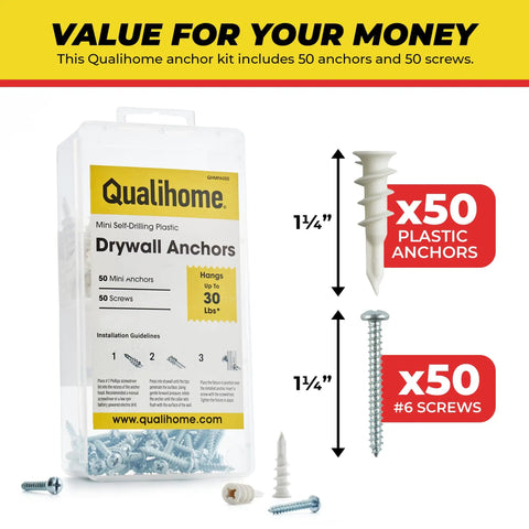 Mini N6 Plastic Self Drilling Drywall Anchors With Screws Kit 50 Pack shown with anchors and screws next to packaging