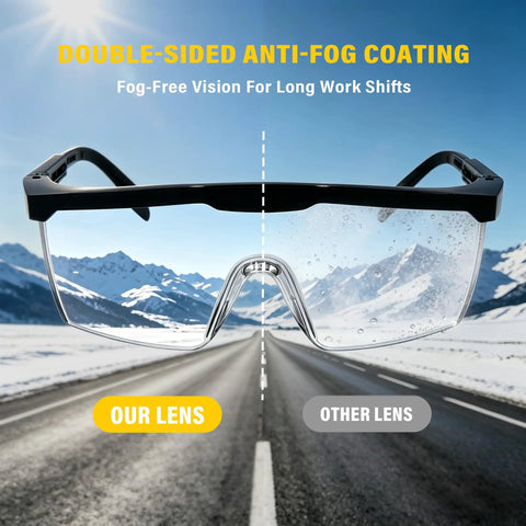 Built Like A Tank 12 Pack Safety Glasses With Anti Fog Coating And UV Protection Scratch Resistant Polycarbonate Lenses All Day Adjustable Fit For Rough Crews Outdoors showing anti-fog features.