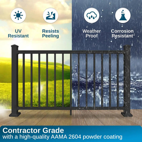 Heavy Duty Aluminum Deck Railing Kit 36 Inch Height By 8 Feet Width with weatherproof features on display.