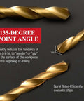 StratMet HSS drill bit set with titanium coating; gold spiral-fluted bits, 135° point angle