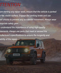 Orange off-road vehicle parked on rocky terrain at sunset with safety instructions overlayed on the image.