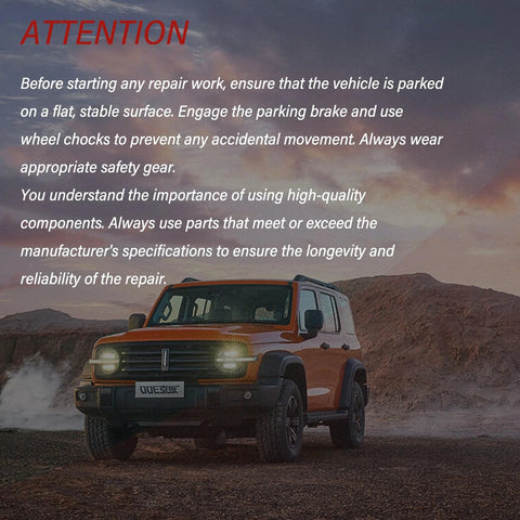 Orange off-road vehicle parked on rocky terrain at sunset with safety instructions overlayed on the image.