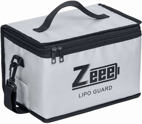 Heavy Duty LiPo Battery Safe Bag for Storage and Charging, large capacity fireproof pouch with handle and zipper, side view.