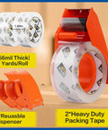 Two Pack Heavy Duty Packing Tape With Dispensers 1.88 Inch Wide By 65 Yards Each 130 Yards Total Clear Packing Tape For Moving Boxes Shipping And Mailing With Strong Water Based Adhesive, shown with orange dispensers on a box background.