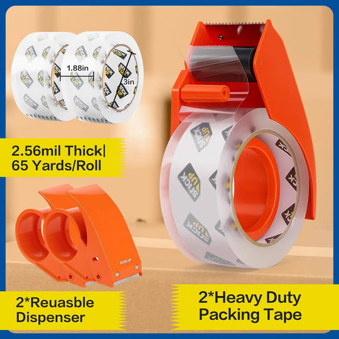 Two Pack Heavy Duty Packing Tape With Dispensers 1.88 Inch Wide By 65 Yards Each 130 Yards Total Clear Packing Tape For Moving Boxes Shipping And Mailing With Strong Water Based Adhesive, shown with orange dispensers on a box background.