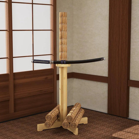 Natural Rubberwood Kendo Tameshigiri Practice Stand for Heavy Duty Sword Training, 43 Inch Katana Test Cutting Holder in dojo