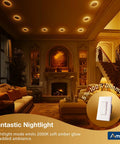 Living room with 12 Pack 6-Inch LED Recessed Canless Wafer Downlights With Night Light, soft amber 2000K glow, dimmable feature shown.