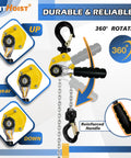 Half Ton Manual Lever Chain Hoist With 1100 Lb Capacity, 10 Ft Lift, G80 Alloy Steel Chain showing 360° rotation and handle detail