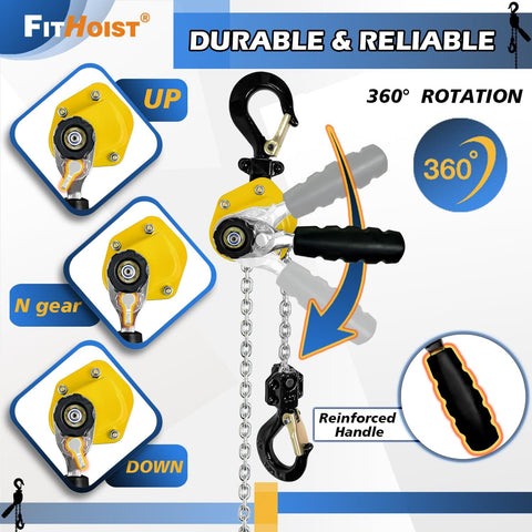 Half Ton Manual Lever Chain Hoist With 1100 Lb Capacity, 10 Ft Lift, G80 Alloy Steel Chain showing 360° rotation and handle detail