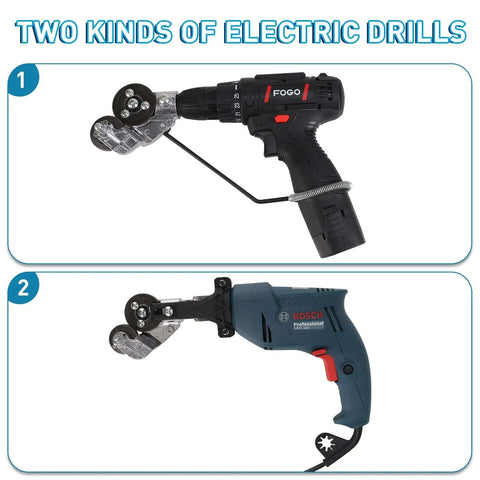 Two types of drills with Fast Cutting Metal Nibbler Drill Attachment For Electric Drills DIY Sheet Metal Cutter Knife For Iron Steel Aluminum Copper Plate Cutter Tool For Quick Clean Cuts And Durable Performance attached.