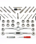 All-In-One Tap And Die Set For SAE And Metric Threads 80 Piece Premium Kit with taps, dies, handles, and screwdriver on display.