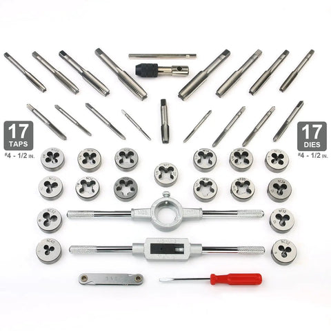 All-In-One Tap And Die Set For SAE And Metric Threads 80 Piece Premium Kit with taps, dies, handles, and screwdriver on display.