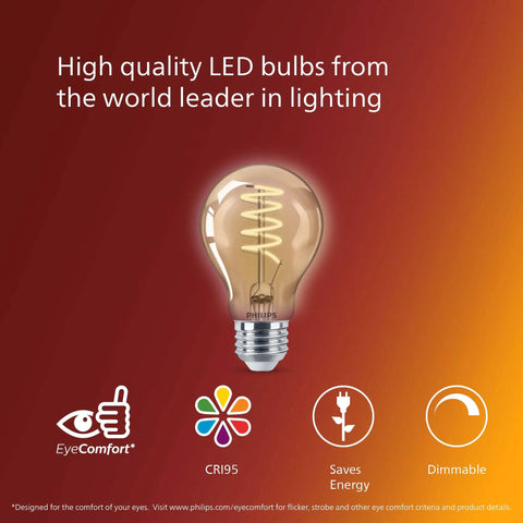 Vintage Edison Style Led Bulb 60W Equivalent Amber 2000K Warm Glow A19 Dimmable Flicker Free 400 Lumen Filament Look Energy Saving