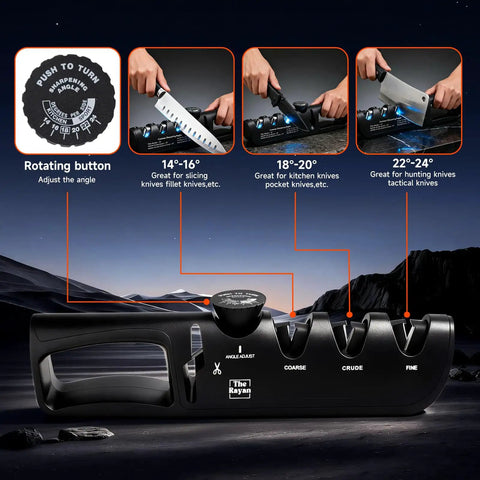Four In One Knife Sharpener With Non Slip Base And Adjustable Angle Guide For Chef Knives Fruit Knives Steel Knives And Scissors Pro Repair Restore Polish Blades with angle settings.