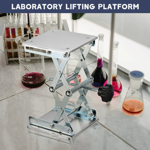 Front view of stainless steel lab lift table with scissor jack, 6x6 in top, adjustable 75–260 mm, black hand wheel