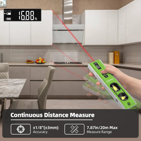 Using 3 In 1 Laser Level And Distance Meter With Magnetic Torpedo, 9 Inch Spirit Level, LED Display, measuring kitchen cabinets