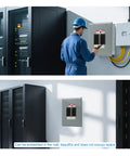 Man installing Eight Space 125 Amp Circuit Breaker Panel Load Center For Home And Small Biz Use 120V And 240V Electrical Distribution Box In Indoor NEMA 1 Steel Enclosure next to server racks.