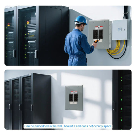 Man installing Eight Space 125 Amp Circuit Breaker Panel Load Center For Home And Small Biz Use 120V And 240V Electrical Distribution Box In Indoor NEMA 1 Steel Enclosure next to server racks.