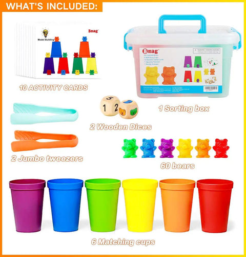 Super Cool Rainbow Counting Bears Set Sixty Bright Plastic Bears And Matching Sorting Cups Awesome Preschool Math Learning Game For Toddlers includes activity cards.