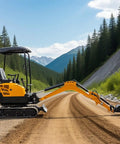 1 To 3 Ton Hydraulic Mini Excavator for Farm Work and Yard Projects, crawler digger on dirt road with pine forest backdrop.