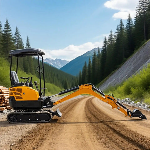 1 To 3 Ton Hydraulic Mini Excavator for Farm Work and Yard Projects, crawler digger on dirt road with pine forest backdrop.