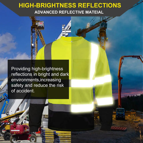 Hi Vis Long Sleeve Safety Shirts For Men 4 Pack Reflective Construction Workwear With Pockets Moisture Wicking Birdseye Knit Lightweight Breathable 100 Percent Polyester Yellow And Black with construction background