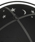 Mesh cover detail of Outdoor Wood Burning Fire Pit For Patio And Garden, Portable Bonfire Pit With Tripod Stand, showing star and moon cutouts.