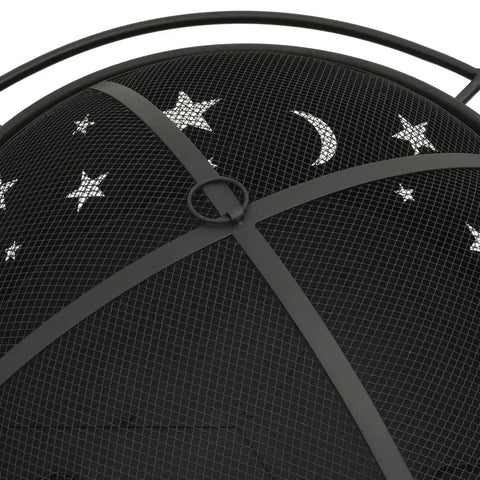 Mesh cover detail of Outdoor Wood Burning Fire Pit For Patio And Garden, Portable Bonfire Pit With Tripod Stand, showing star and moon cutouts.