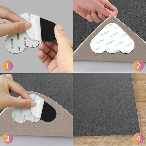 Hands applying 12 Pack Double Sided Non Slip Rug Pad Gripper For Hardwood Floors And Tile to carpet corner.