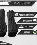 Ergonomic MTB Grips With Wrist Support For Mountain Bikes E Bikes And Touring Anti Slip Shock Absorbing Handlebar Grips For 22.2mm Bars Black Built For All Day Comfort And No Numb Hands On Long Rides shown with product characteristics details.