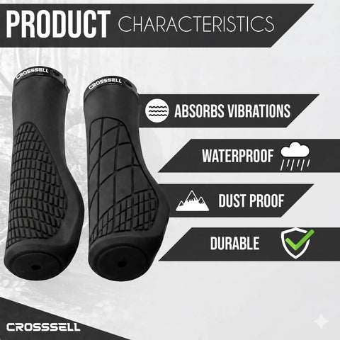 Ergonomic MTB Grips With Wrist Support For Mountain Bikes E Bikes And Touring Anti Slip Shock Absorbing Handlebar Grips For 22.2mm Bars Black Built For All Day Comfort And No Numb Hands On Long Rides shown with product characteristics details.