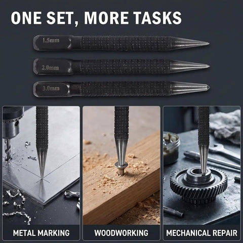 Three Piece Black High Carbon Steel Center Punch Set for precise metal marking, woodworking, and mechanical repairs.
