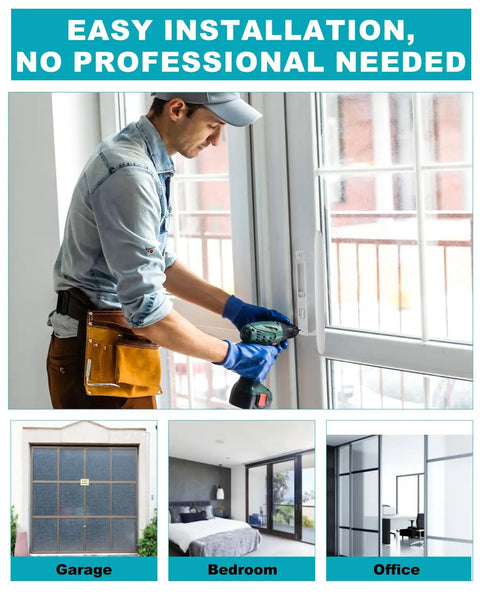 Person installing the Super Slick White Diecast Sliding Patio Door Handle Set on glass door with power drill.