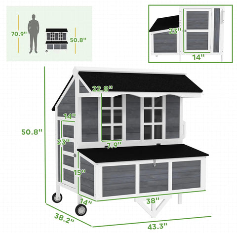 Diagram of Mobile 43 Inch Chicken Coop With Wheels For Easy Relocation, Nesting Box, Perches, Windows, And Pull Out Tray dimensions