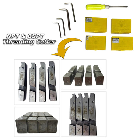 NPT & BSPT threading cutters and tools with hex keys, screwdriver, and plastic cases for heavy-duty pipe threading tasks.