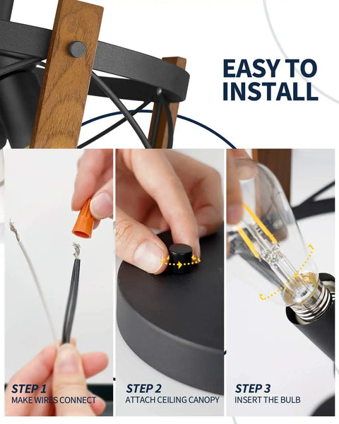 Installation steps for Three-Light Farmhouse Semi Flush Mount Ceiling Light With Dope Walnut Wood And Matte Black Finish.