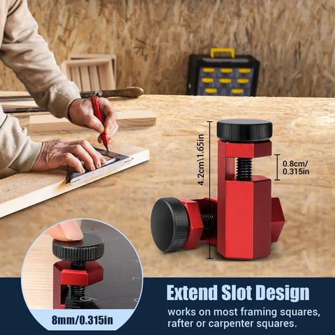 Tall Stair Gauges For Framing Square With Holder And Carabiner Pro Grade Metal Stair Stringer Layout Tool in use on wood