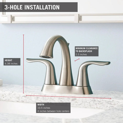 Lahara Centerset Bathroom Faucet in Brushed Nickel Finish With Two Handles and Metal Drain Assembly, 3-hole installation guide visible.