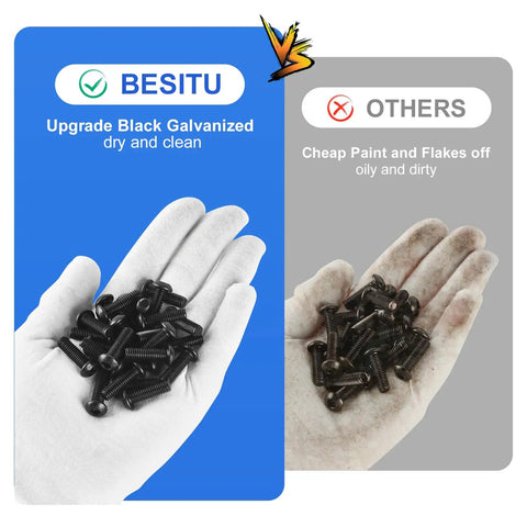 Comparison of M6 Button Head Hex Socket Cap Screw Kit With Nuts And Washers, 510 Pieces, black galvanized vs. lower quality screws.