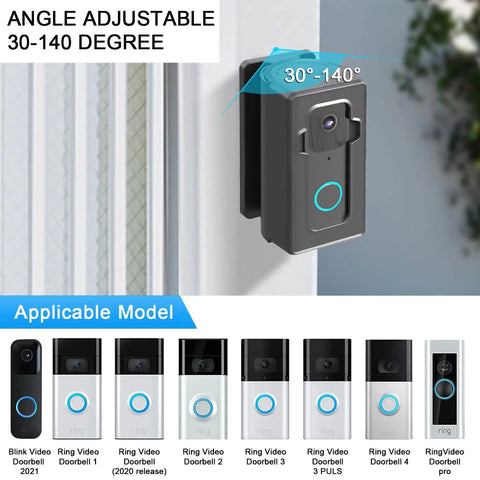 Angle adjustable Anti Theft Blink Doorbell Mount with 0 to 140 degree adjustment shown on wall, compatible models displayed.