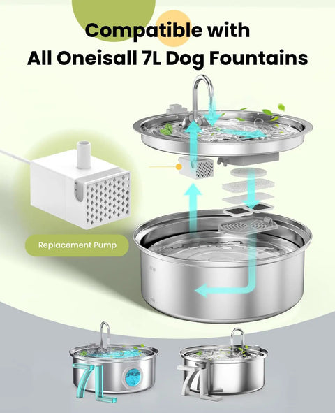 PWF002B Compatible Replacement Pump For Dog Water Fountain With Light, 7L stainless steel, shown with components and installed
