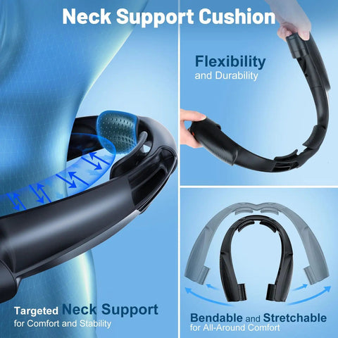 Portable Neck Fan With 6 Speeds And 8000mAh Battery, showing neck support cushion, flexibility, and bendable design features.
