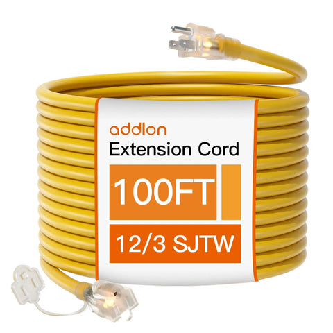 Coiled 100 Ft 12 By 3 Outdoor Extension Cord 12 Gauge SJTW Heavy Duty Waterproof Yellow 3 Prong Flexible Long Power Cable