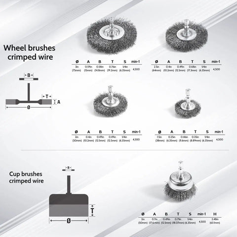 Six Piece Drill Wire Wheel Cup Brush Set with Crimped Wire, showing 3, 2.5, 2, 1.5-inch wheel sizes, 2-inch cup, hex shank details.