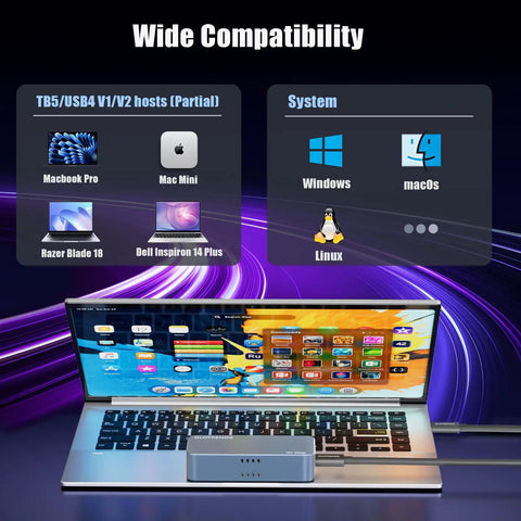Wide compatibility display for Badass 80Gbps M2 NVMe SSD Enclosure with Intel JHL9480, showing various laptop models and operating systems.