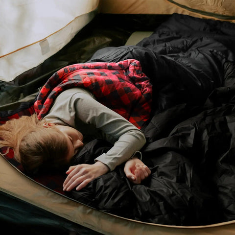 Person sleeping in 0 Degree Four Season Sleeping Bag For Adults With Cotton Flannel Cozy XXL Big And Tall Camping Sleeping Bag
