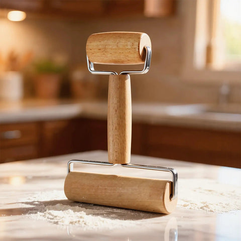 Mini Wooden Rolling Pin For Dough With Double Handles Nonstick Pizza Roller on kitchen counter with flour, made of beech wood.