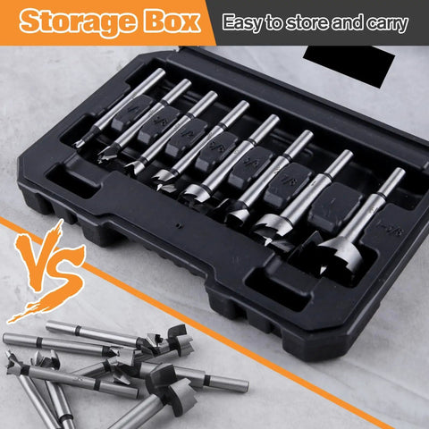 8 Piece Forstner Bit Set Kickass Heat Treated Carbon Steel Drill Bits For Wood in storage box for easy transport.